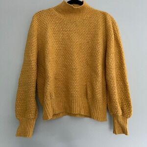 Express Womens Mustard Yellow Mock Neck Balloon Sleeve‎ Textured Knit Sweater S